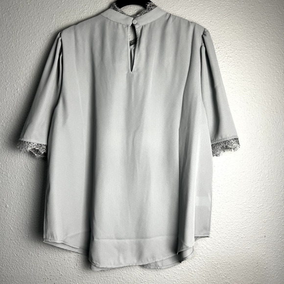 Ann Taylor Lace Trim Mock Neck‎ Yoke Blouse Size L Gray Career Essential Fringe - Picture 2 of 11